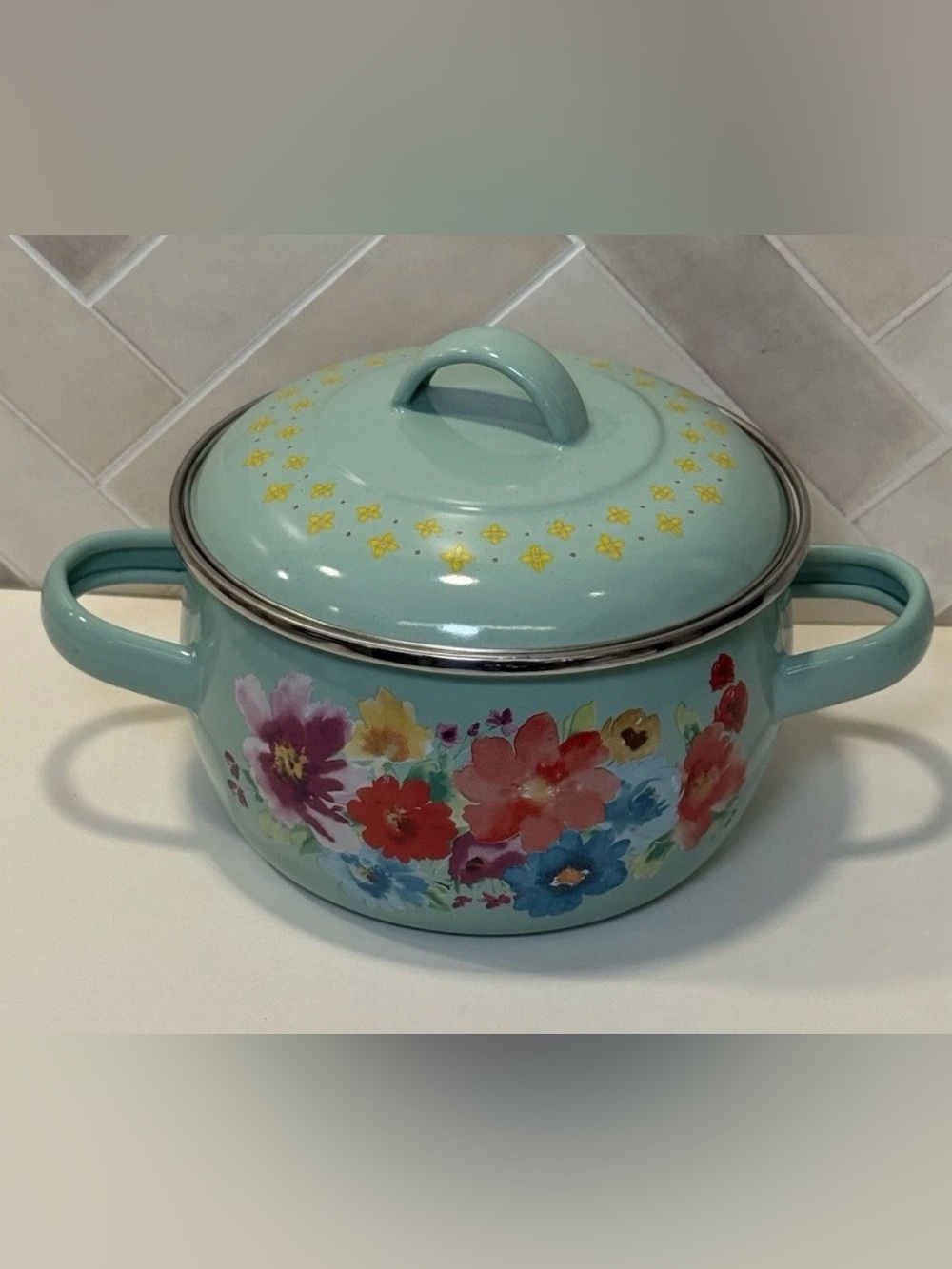 The Pioneer Woman Breezy Blossom 1.05 Qt Enamel Steel Stockpot w/ Lid, Handles
